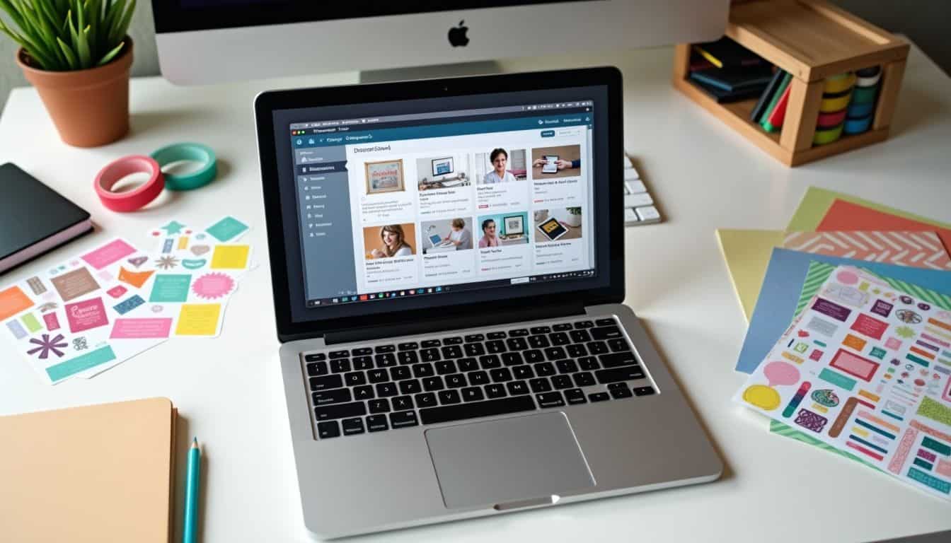 The image shows a tidy computer desk with creative digital scrapbooking supplies.