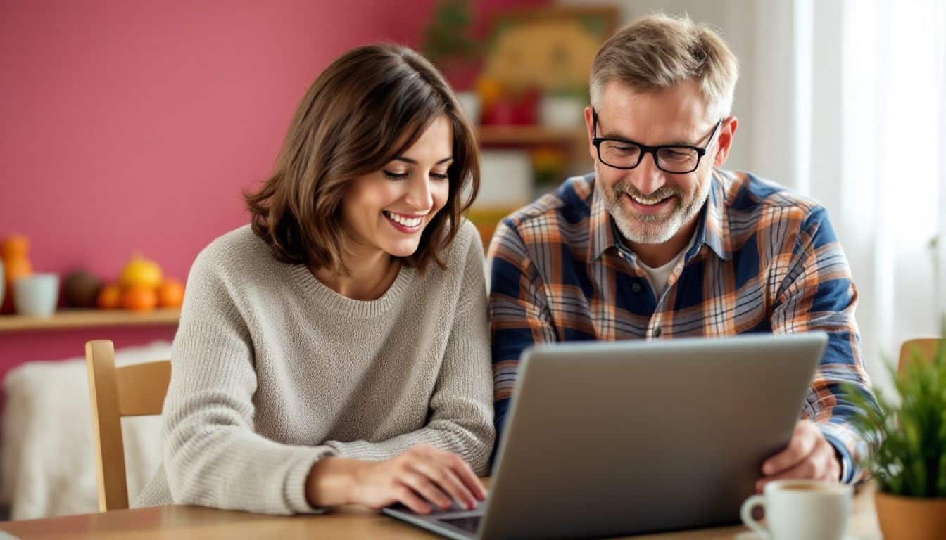 A couple uses a laptop to edit and organize their photos.