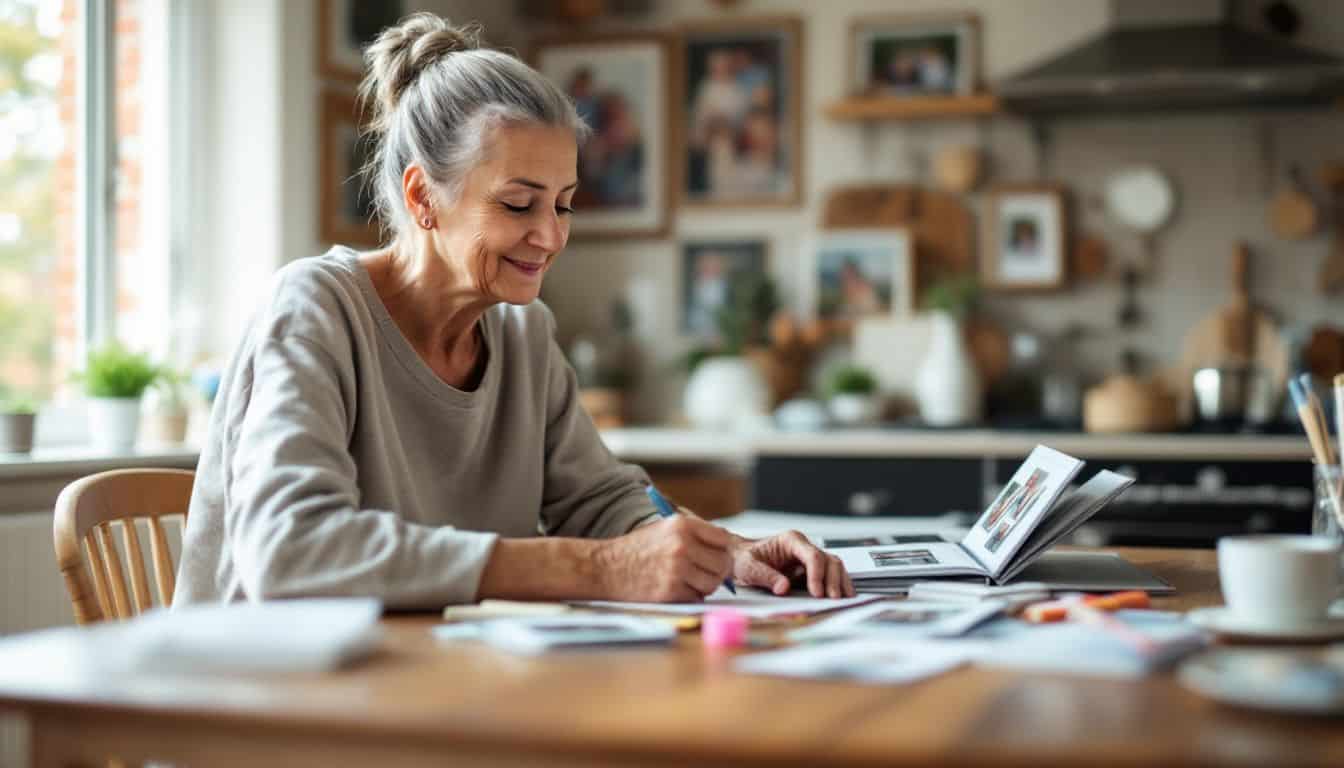 An elderly woman scrapbooking in a cozy kitchen filled with family photos.