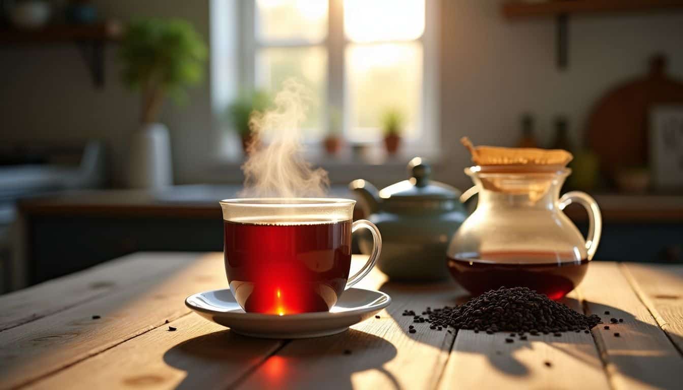 A cozy kitchen scene with tea, teapot, and loose tea leaves.