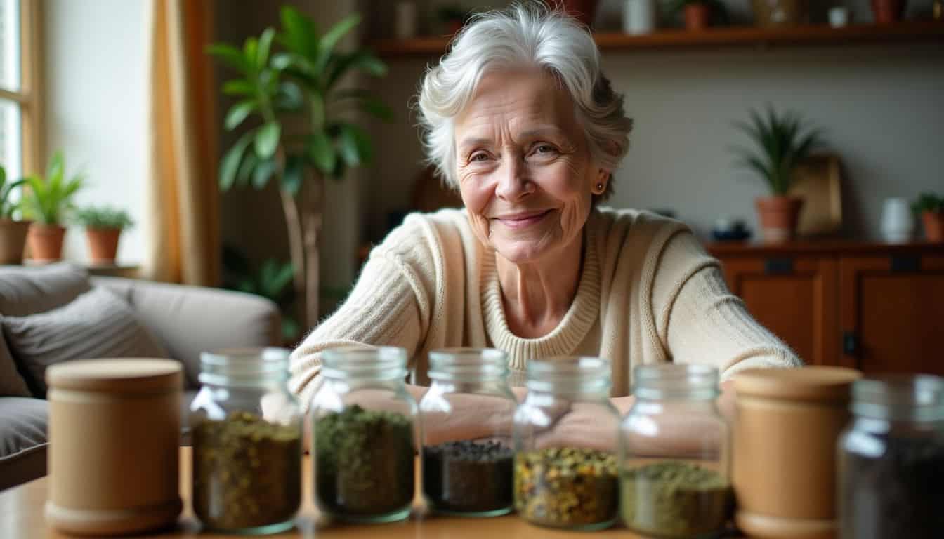 An elderly woman enjoys a cozy tea time in her living room.