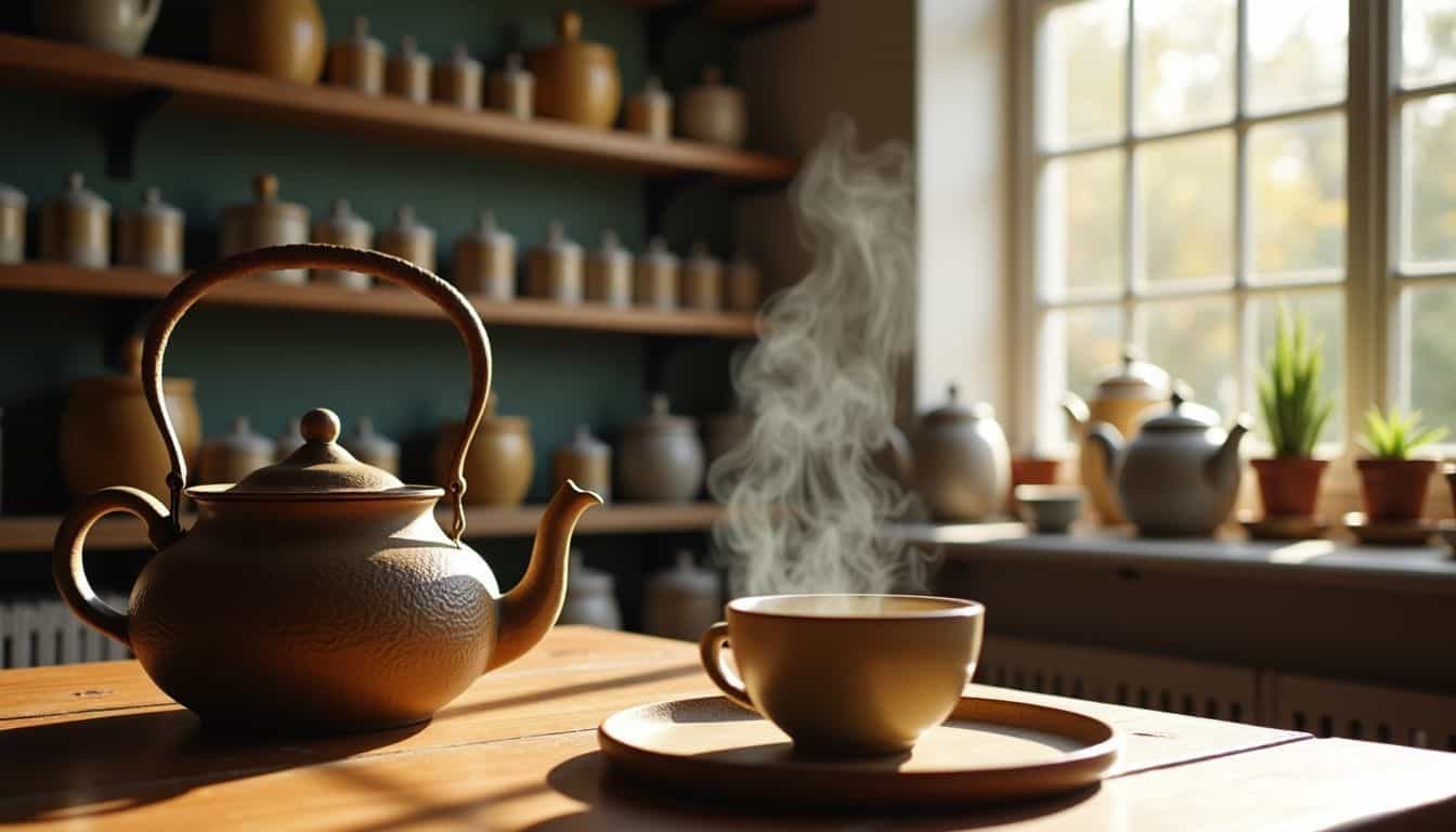 A cozy tea room with shelves of tea canisters and a steaming teapot.