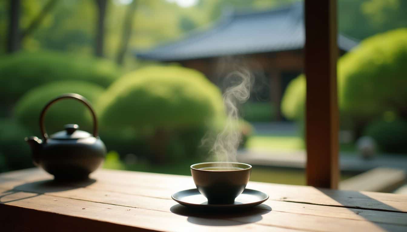 A traditional tea ceremony in a peaceful Japanese garden.