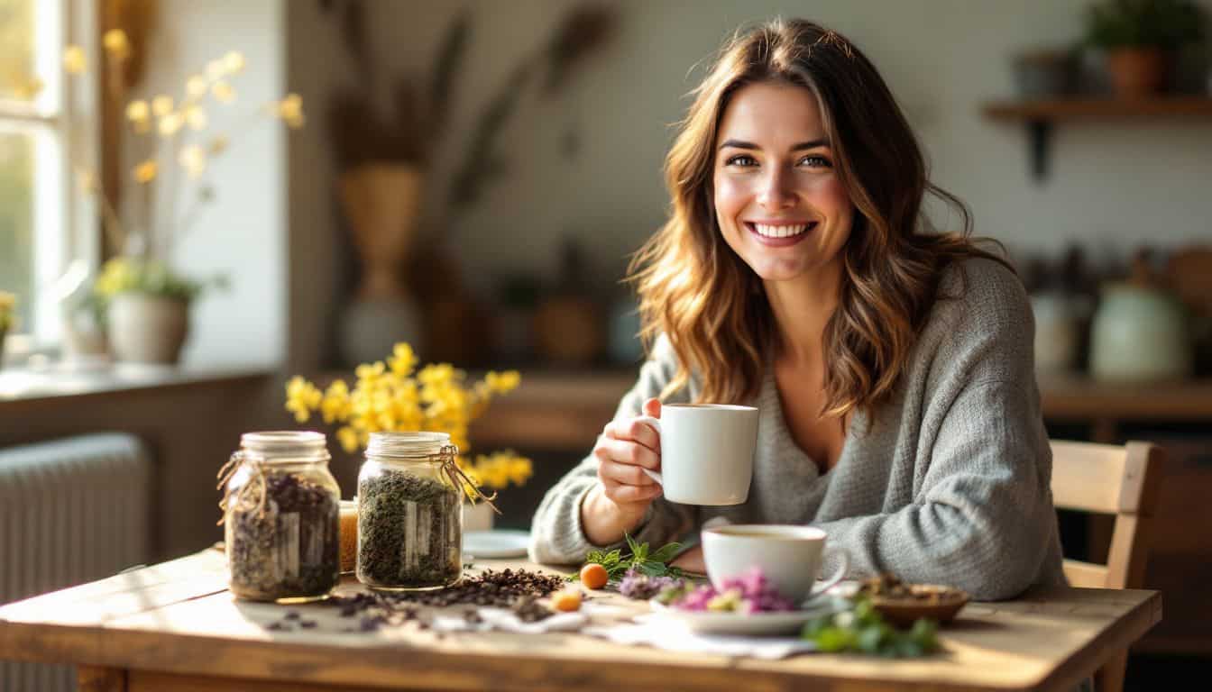 A woman enjoys herbal tea at a rustic wooden table.