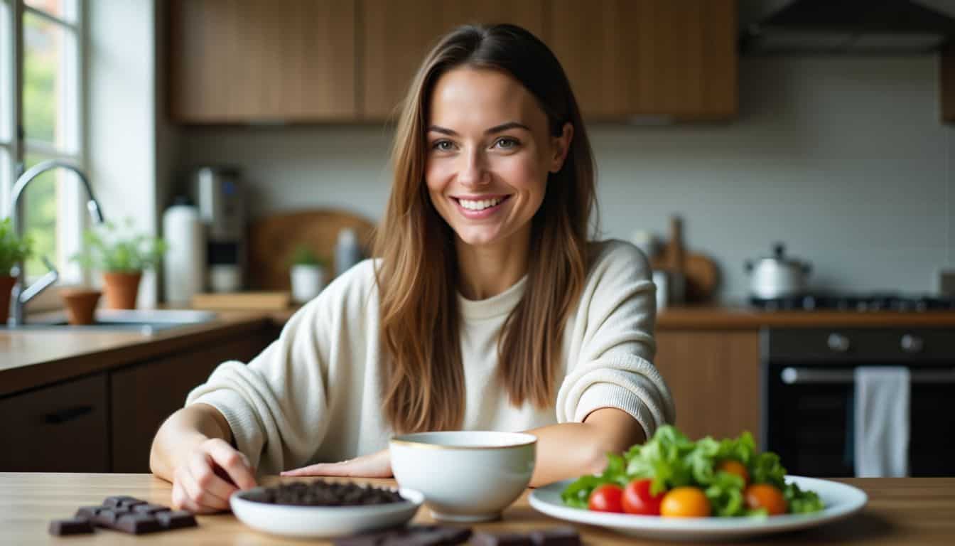 A woman in her 30s contemplates her flavor preferences at the kitchen table.