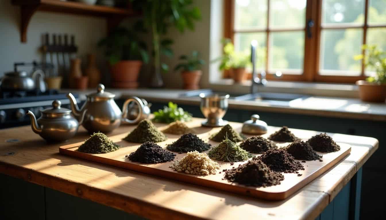 A variety of loose leaf teas and brewing tools on a wooden table.