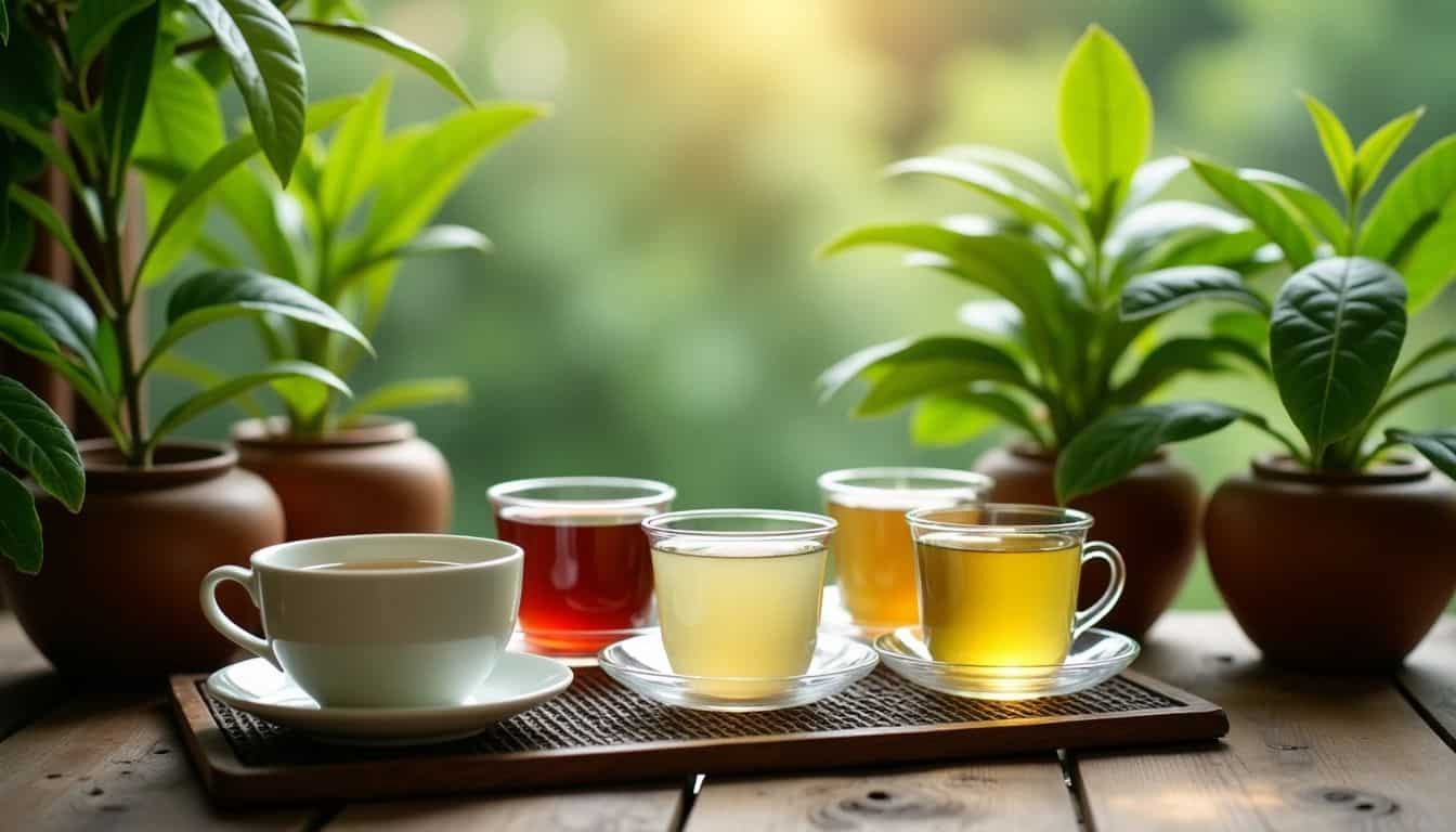 A tranquil tea garden featuring Camellia sinensis plants and various types of teas.