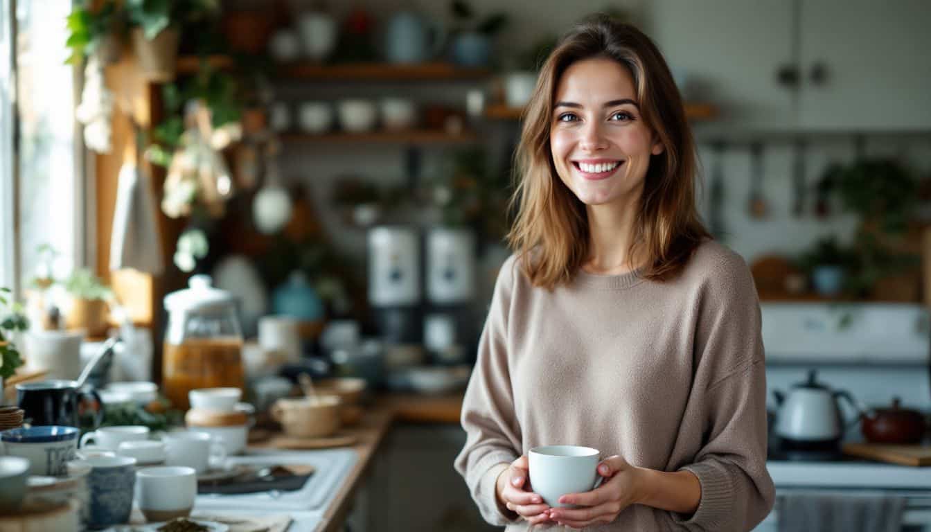 A woman in her 30s explores different types of teas in a cozy kitchen.