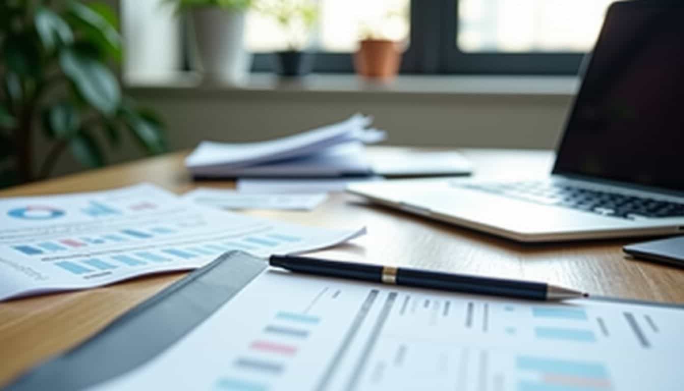 Cluttered office desk with financial documents and credit score details.