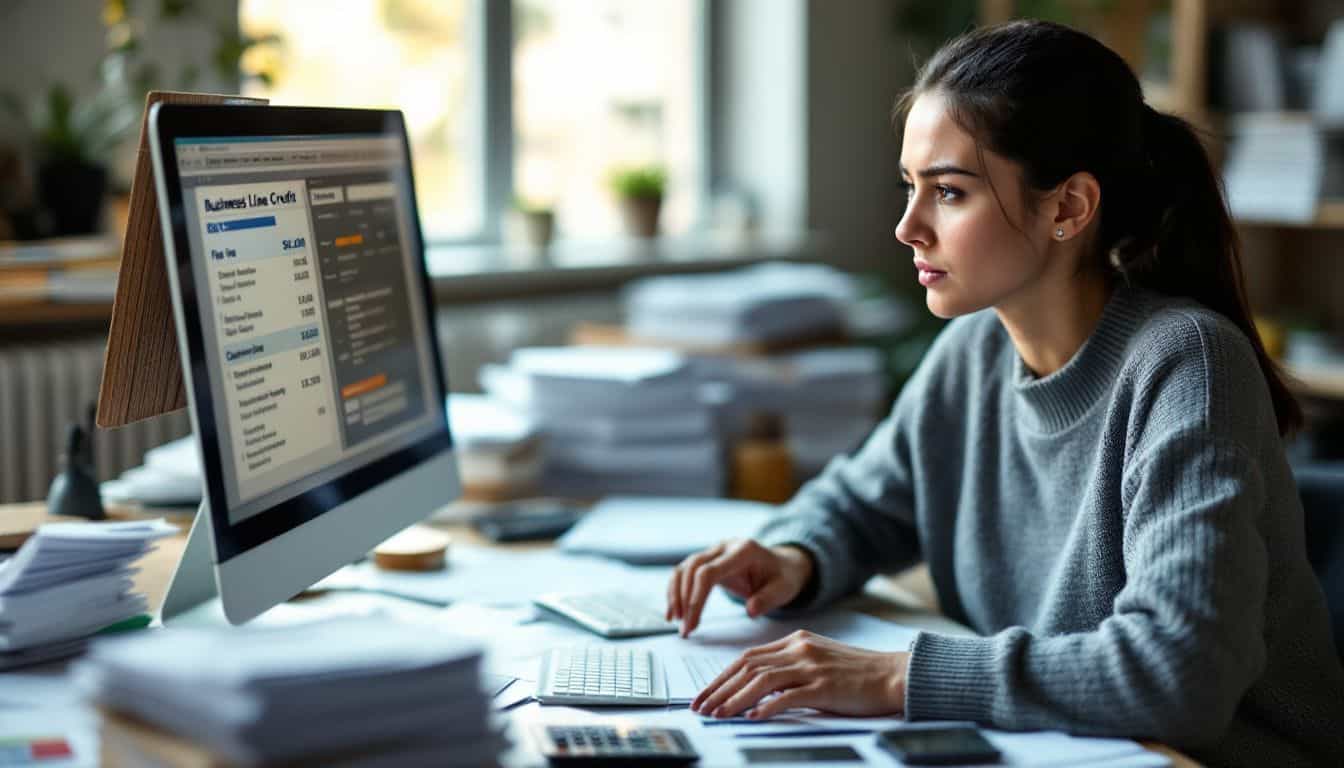 A young business owner stressed over financial decisions at her desk.