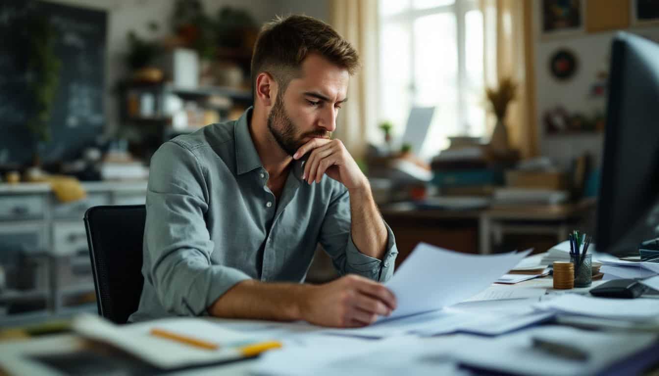 A business owner in their 30s evaluates financial documents at desk.