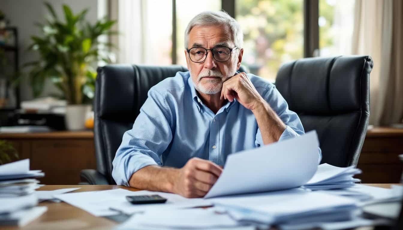 An elderly businessman in his office considering a business line of credit.