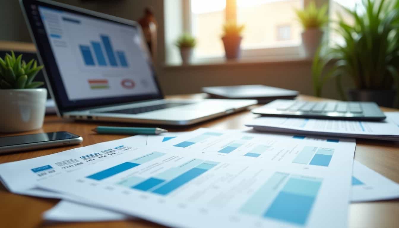 A cluttered home office desk with financial documents and charts.