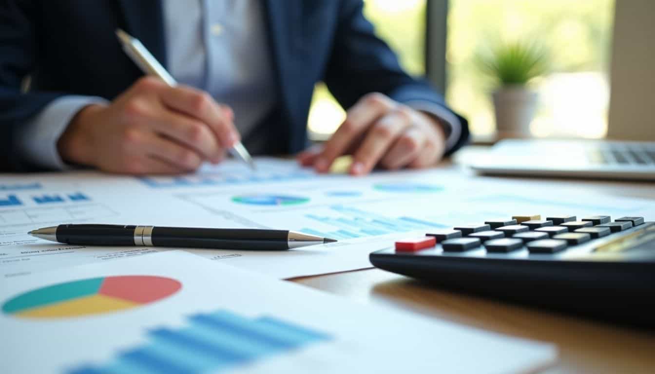 A cluttered desk with business documents and financial statements.