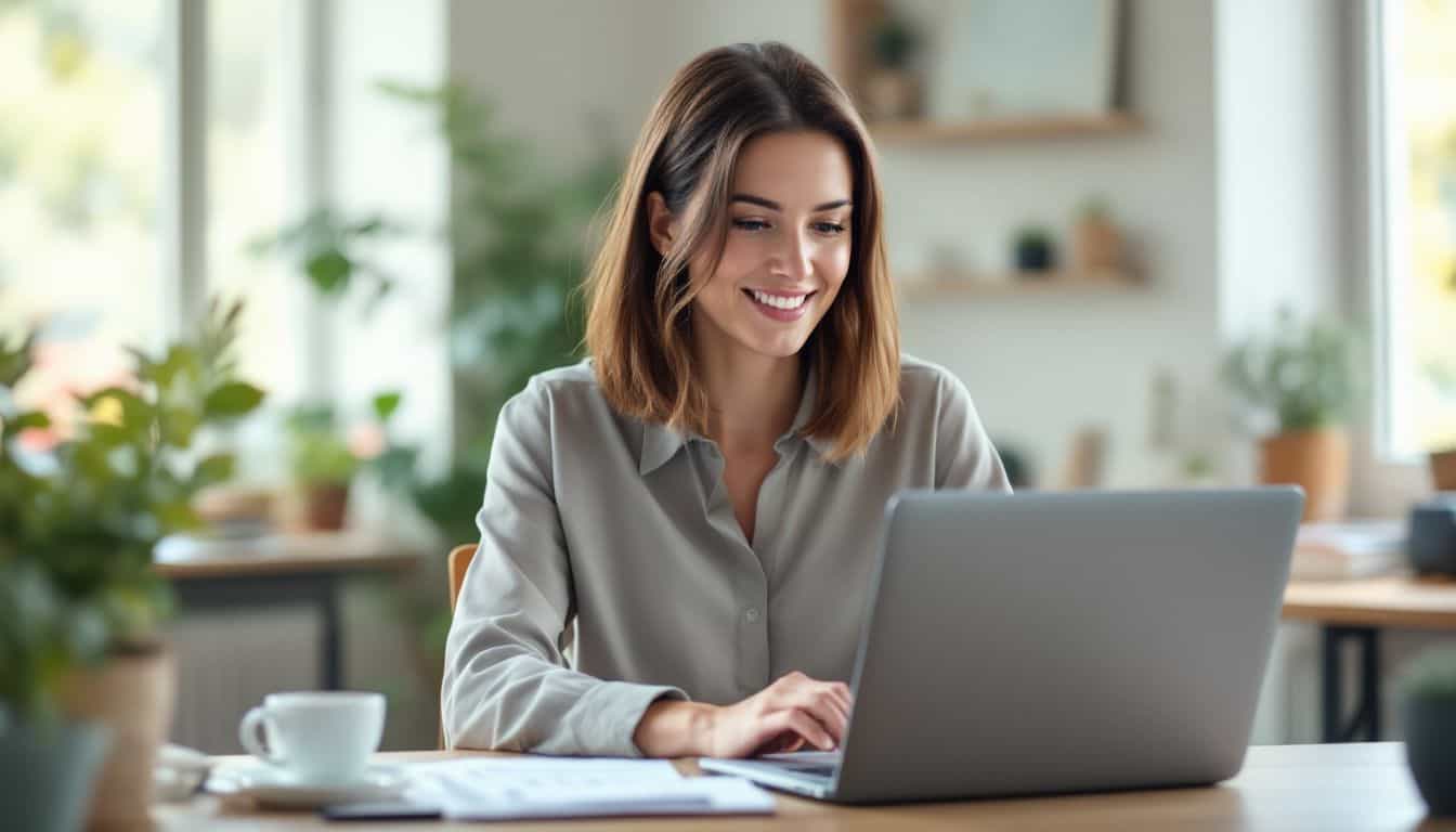 A confident woman in her 30s manages her finances in a modern office.