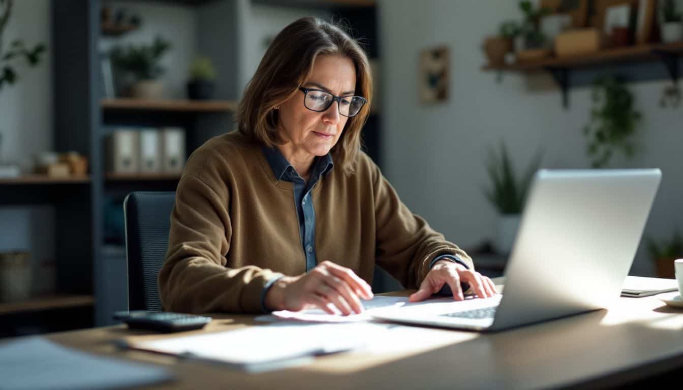 A small business owner managing finances at a simple office desk.