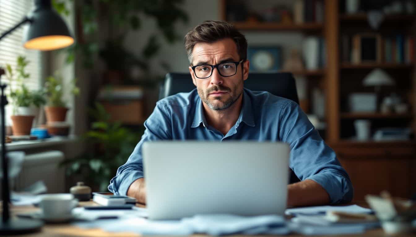 A focused man searching for online lenders to secure a business line of credit.