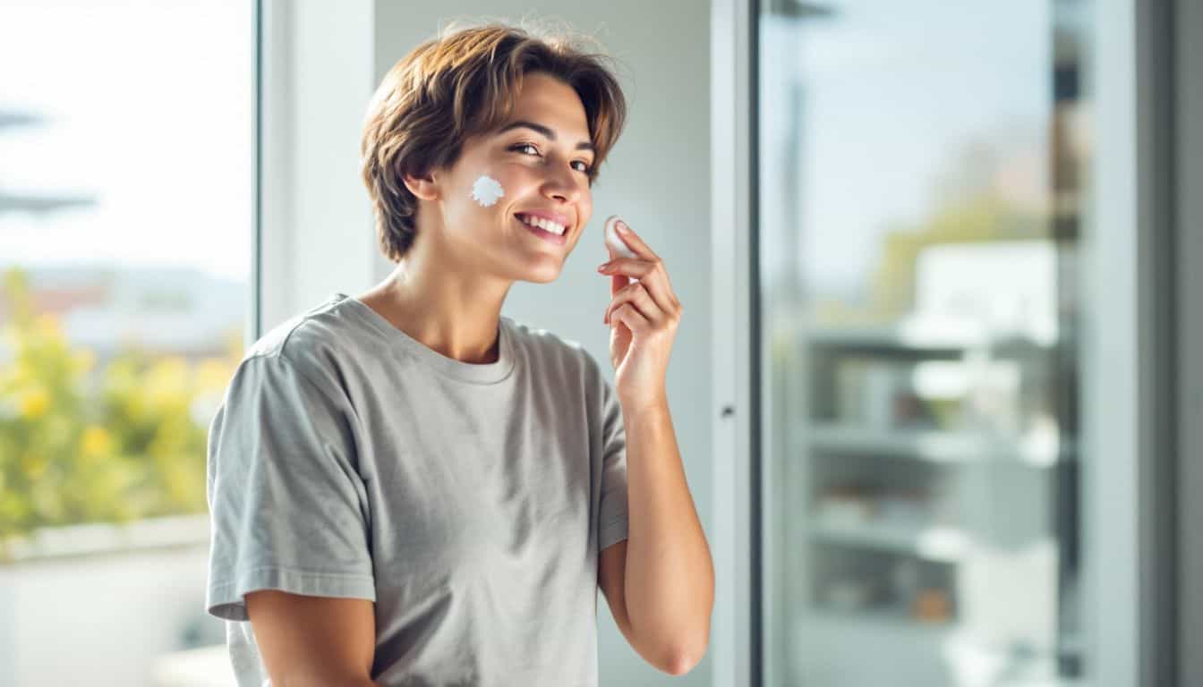 A person applying sunscreen by a sunny window in their workspace.