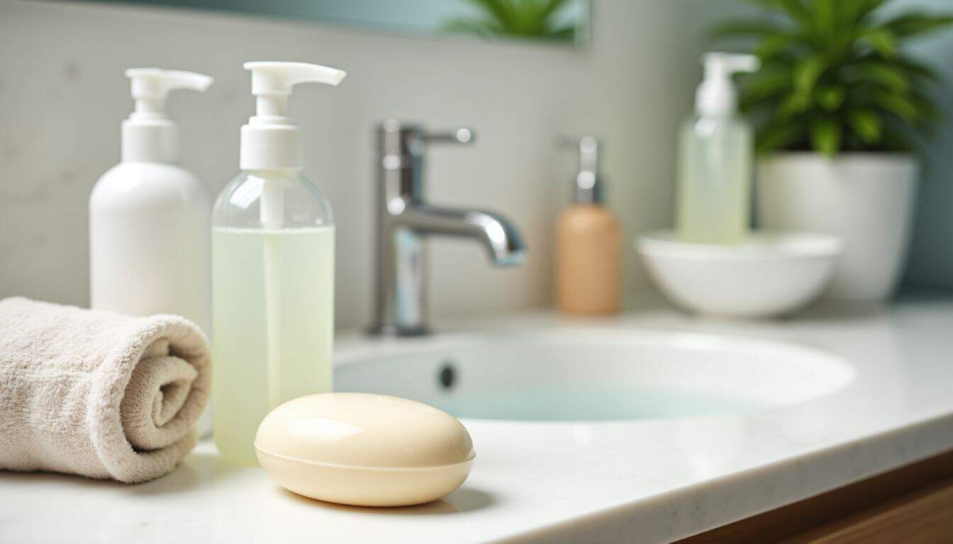 A set of skincare products and towel on a bathroom counter.