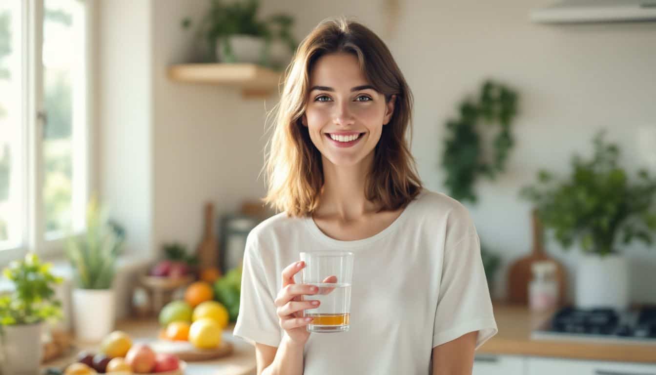 A woman in a brightly lit kitchen holds a glass of water.