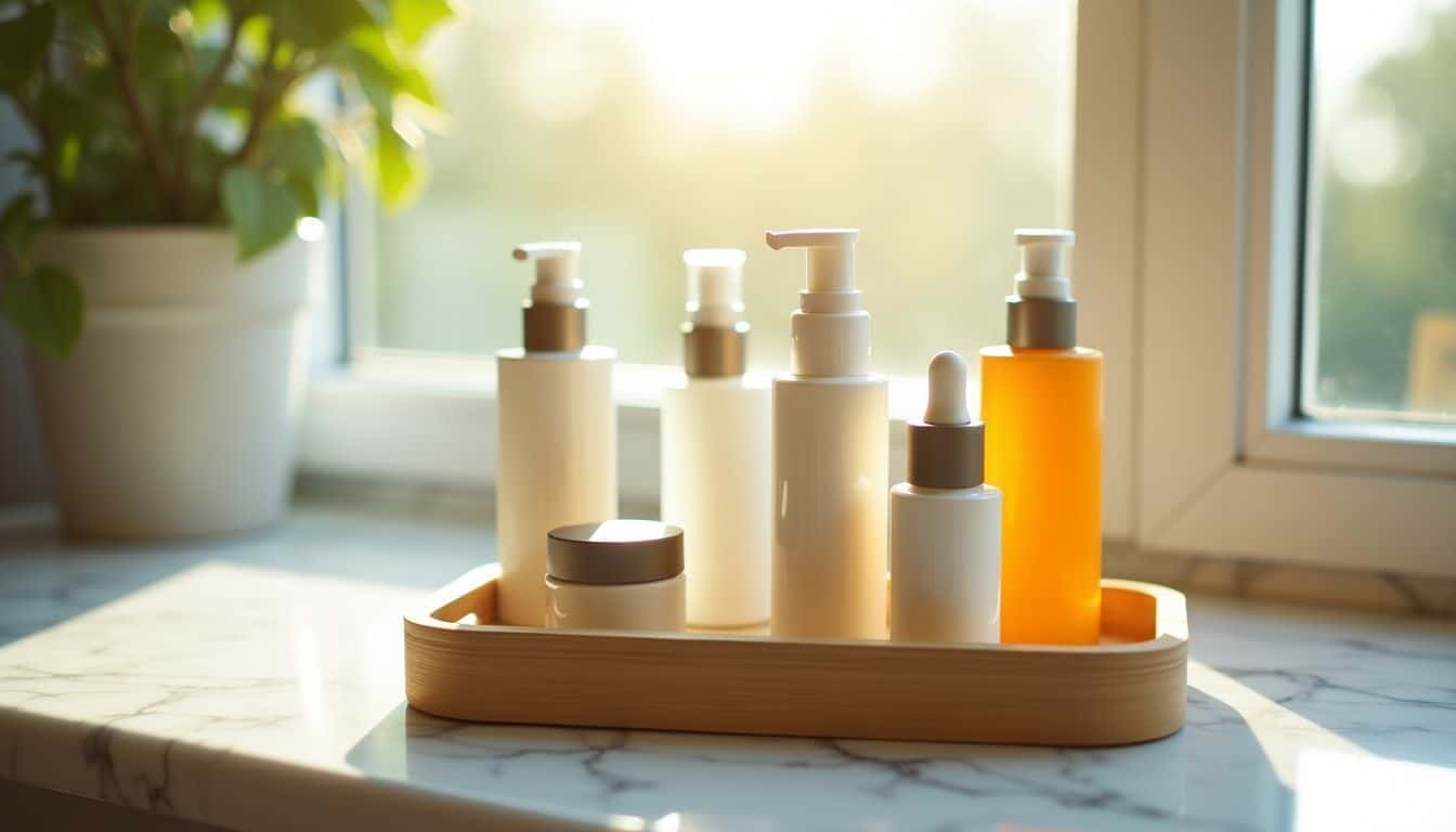 A bamboo tray on a countertop displays skincare products in daylight.