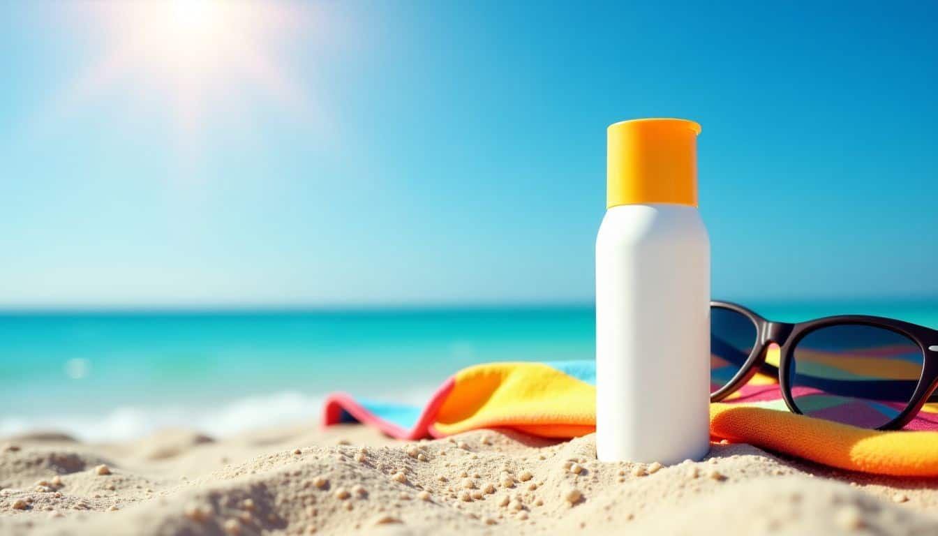 A bottle of sunscreen, sunglasses, and a beach towel on sand.