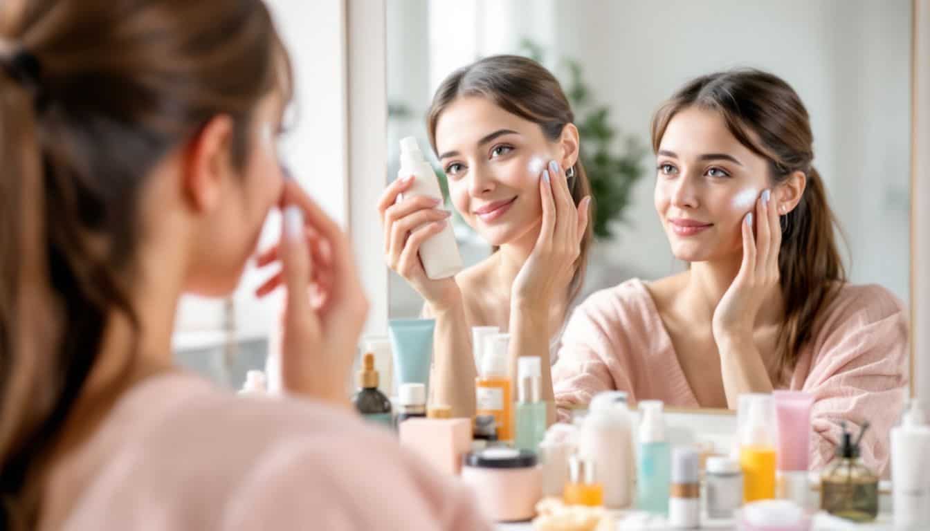 A young woman applies facial mist at a vanity table.