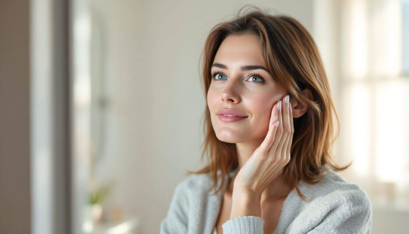 A woman in her 30s applies moisturizer in a bright bathroom.