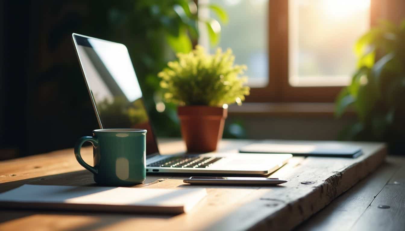 A cozy workspace with a laptop, plant, notepad, and coffee mug.