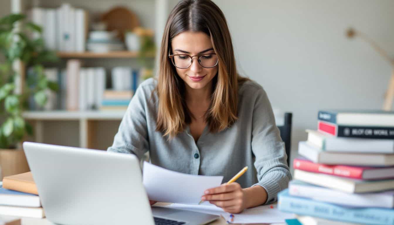 A woman reviews her blog portfolio in a cozy workspace.