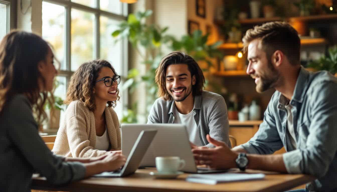 A group of diverse bloggers discusses strategies in a cozy cafe.