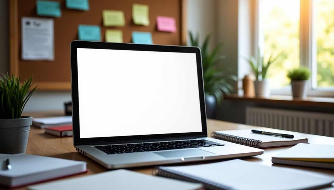 A laptop on a cluttered desk displays a blog post being optimized for search engines.