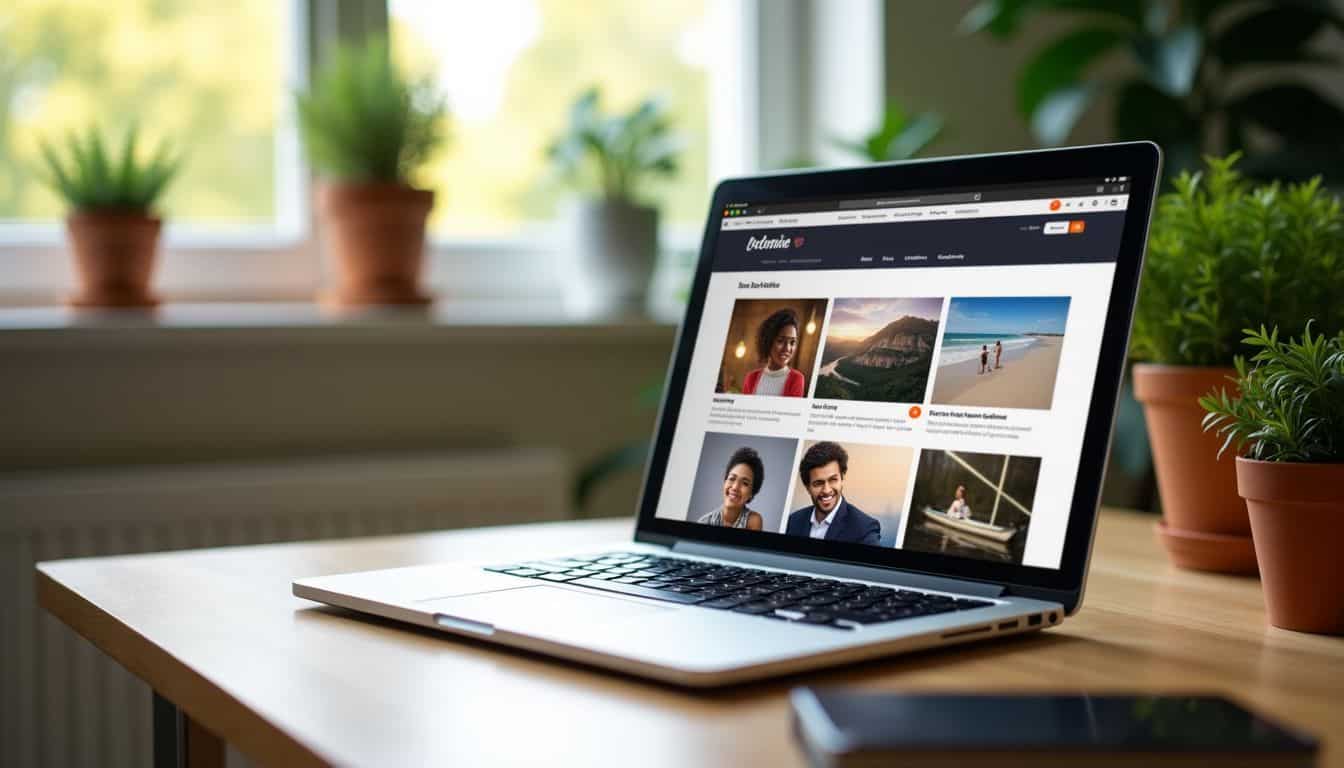 An open laptop displaying a colorful blog post on a wooden desk.