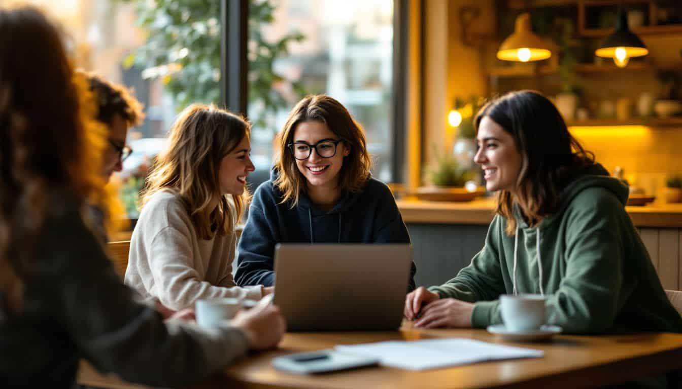 A group of young adults presenting writing samples in a cozy coffee shop.