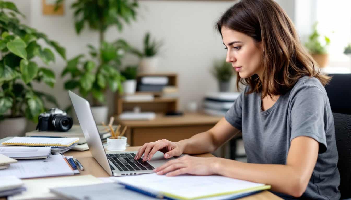 A person browsing blogging platforms at cluttered desk with focused expression.