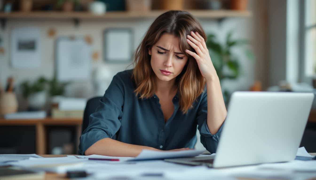 A frustrated woman at a cluttered desk looks at poorly written blog samples.