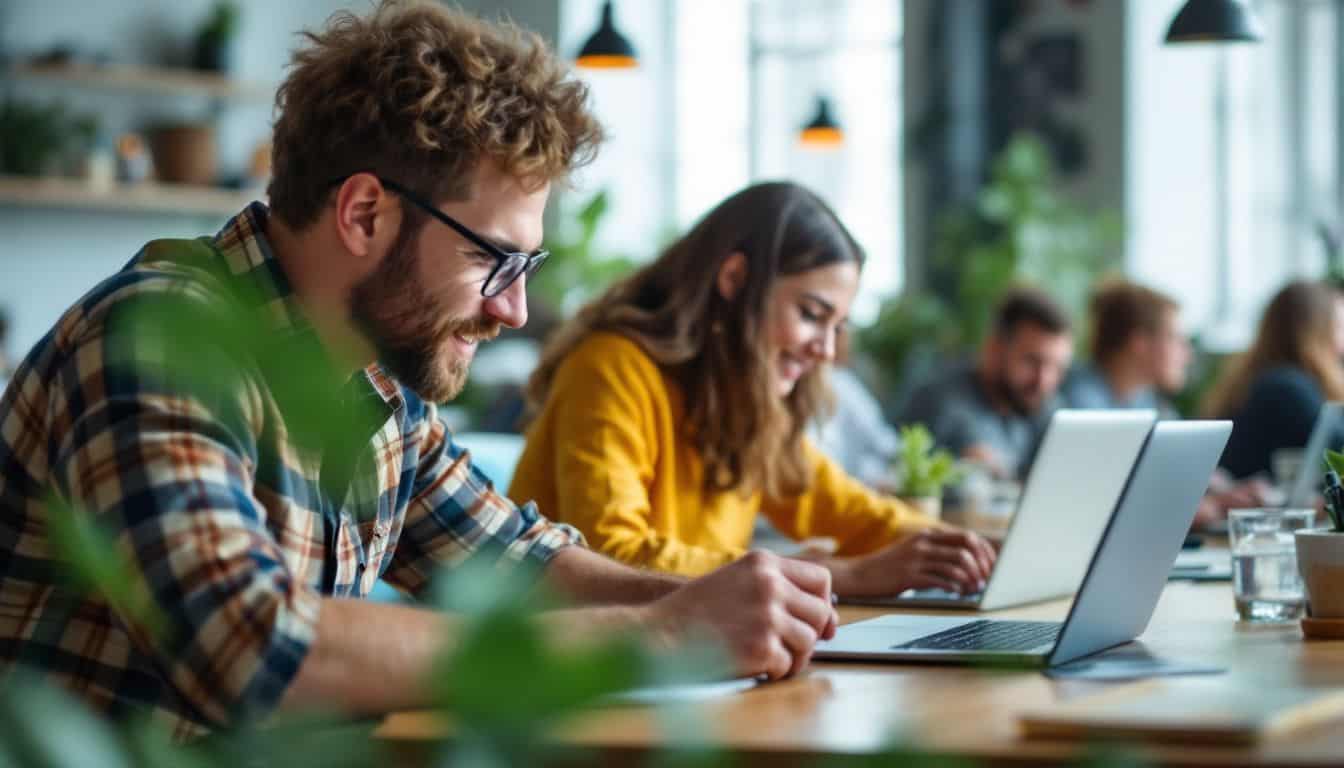 A diverse group of people working in a modern co-working space.