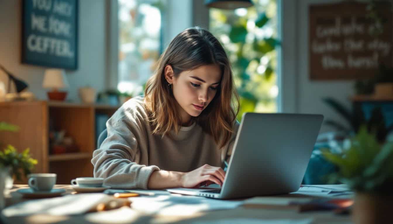 A young woman works on her laptop in a cozy home office.