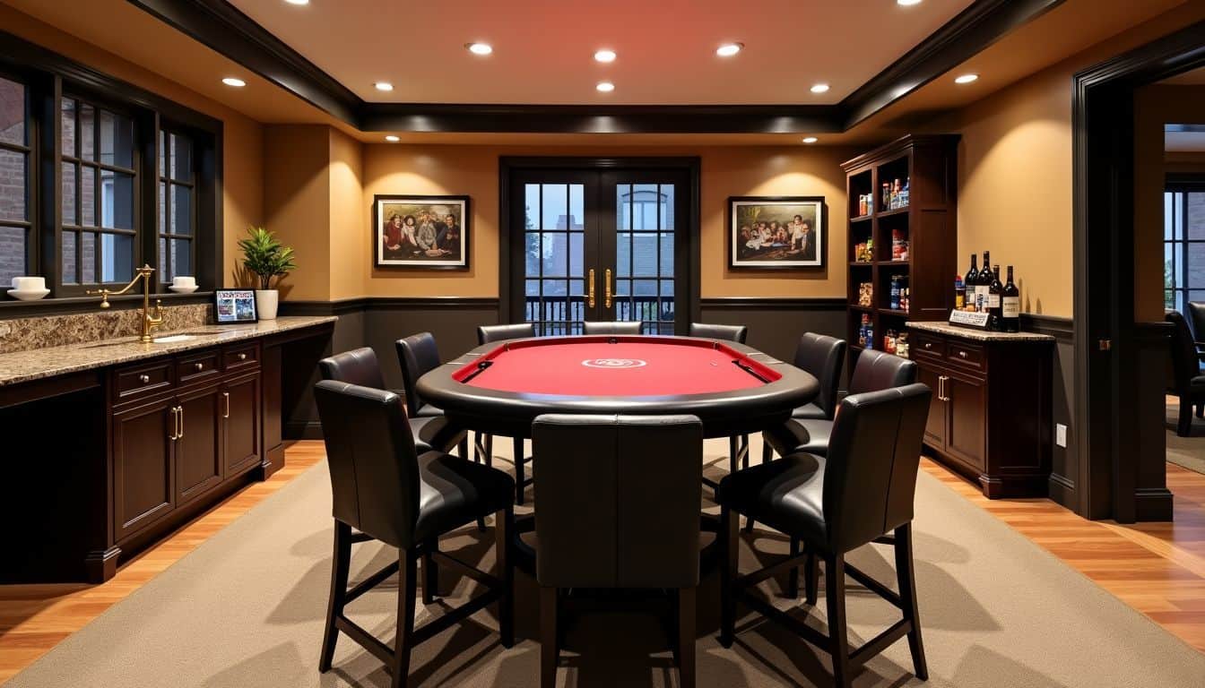 A stylish poker room with a sturdy table and snack area.