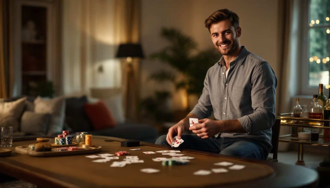 A man shuffles cards at a stylish poker night in a cozy living room.