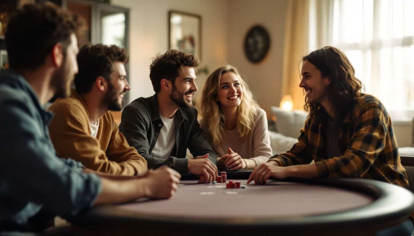 A group of friends enjoys a casual evening playing poker together.