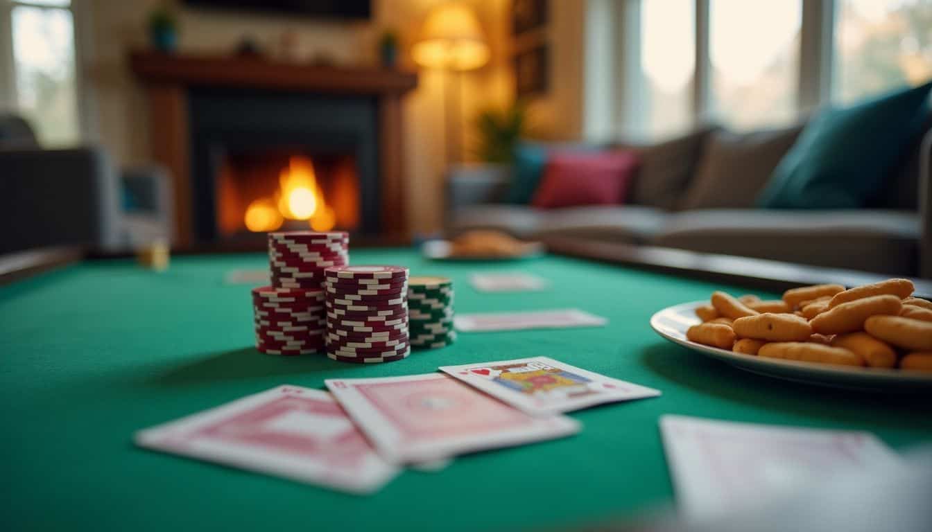 A cozy living room setting with a poker table and snacks.