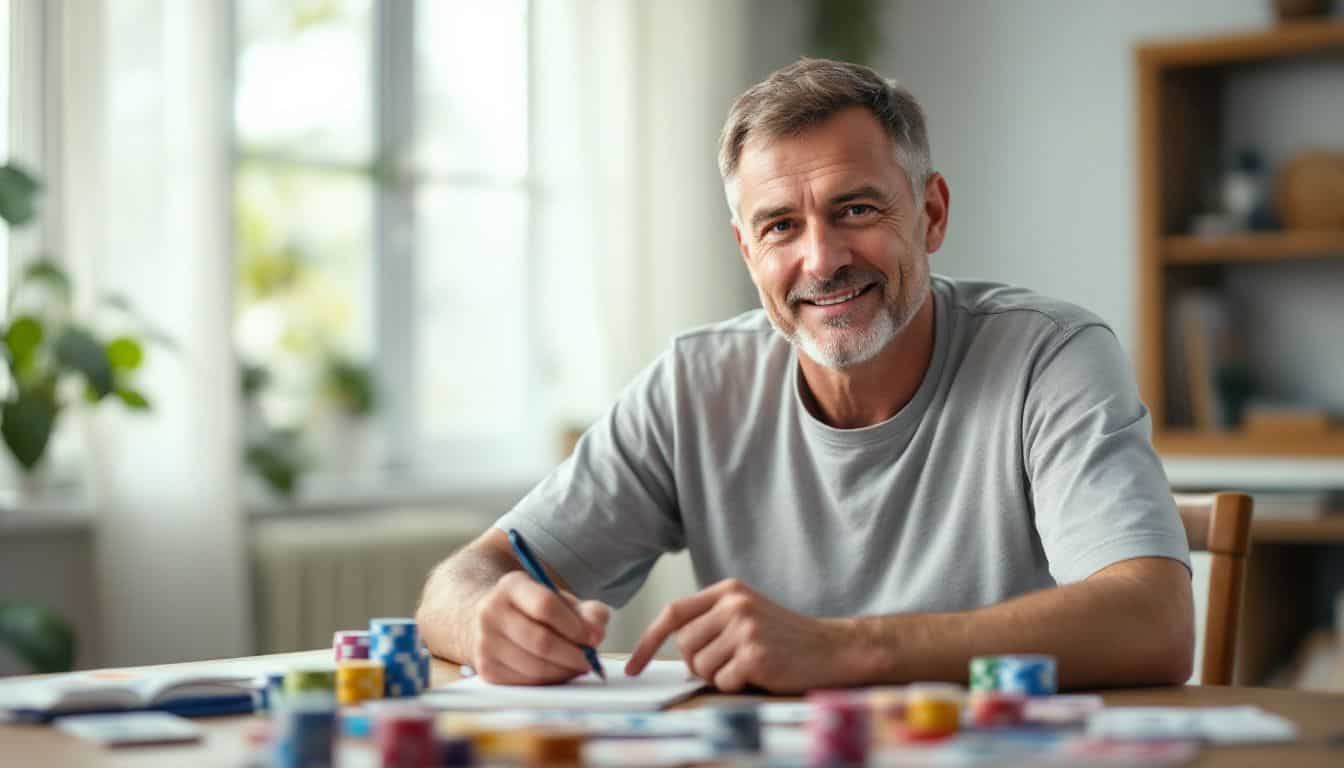 A man writing poker house rules at a cluttered table.