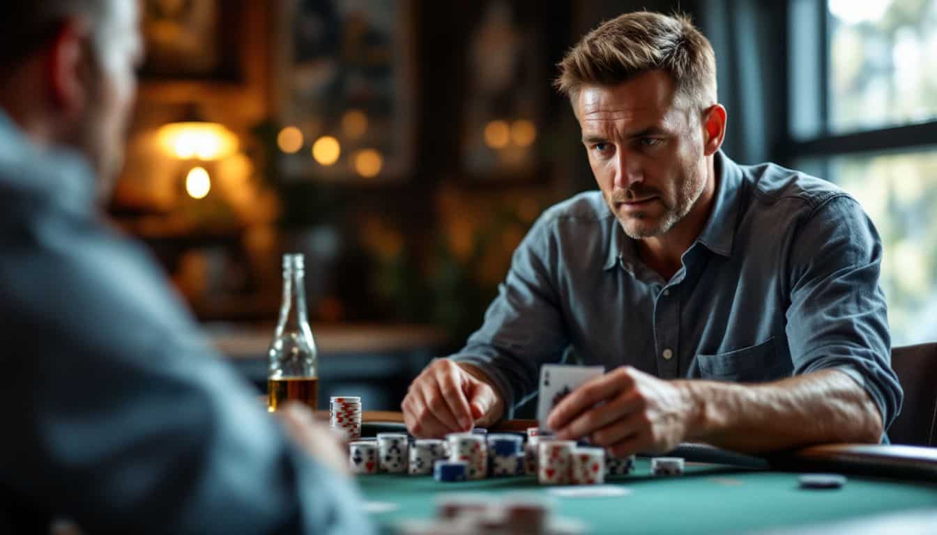 A confident individual in their 40s shuffling cards at a poker table.