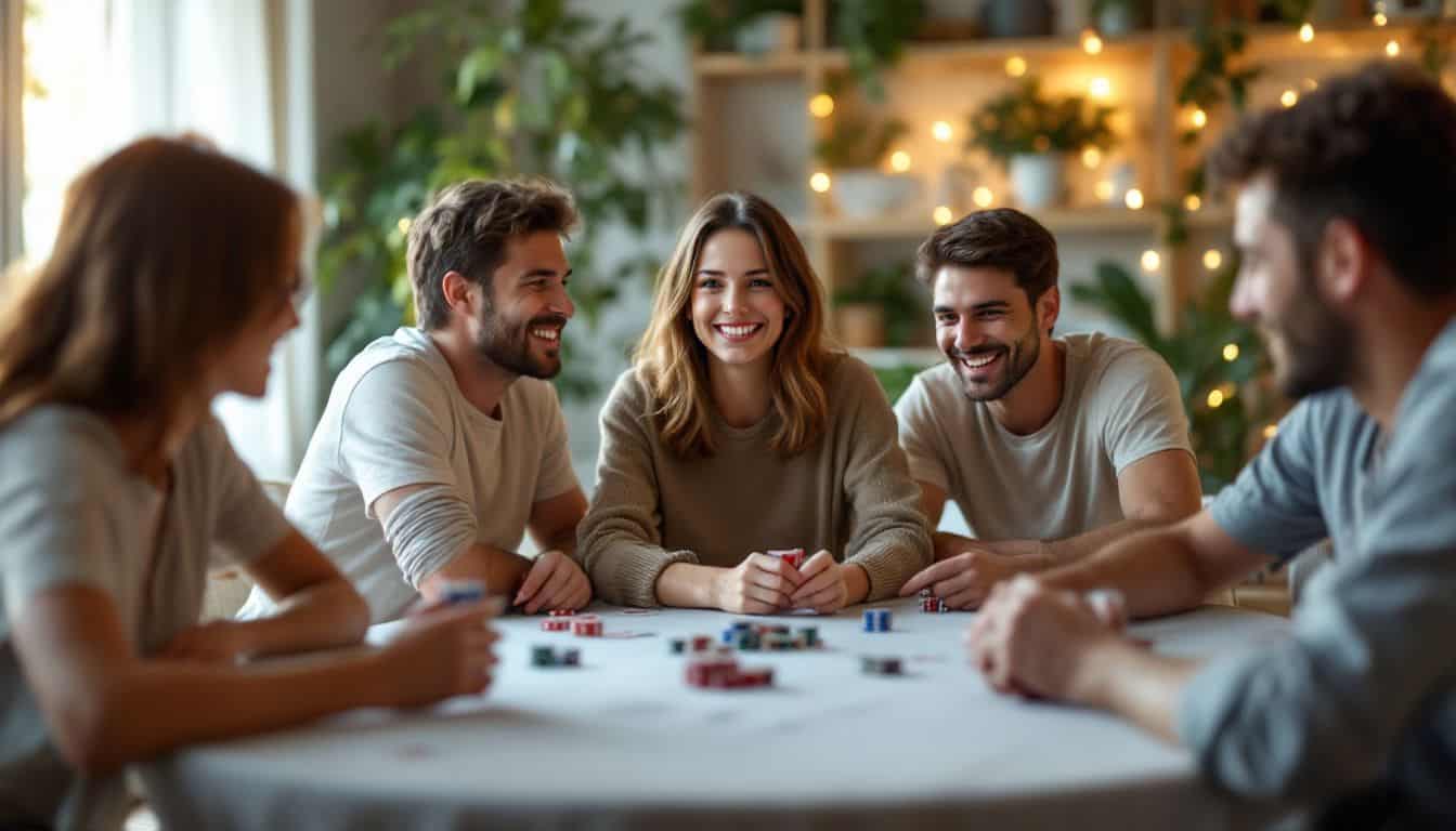 A group of friends enjoying a game night around a poker table.