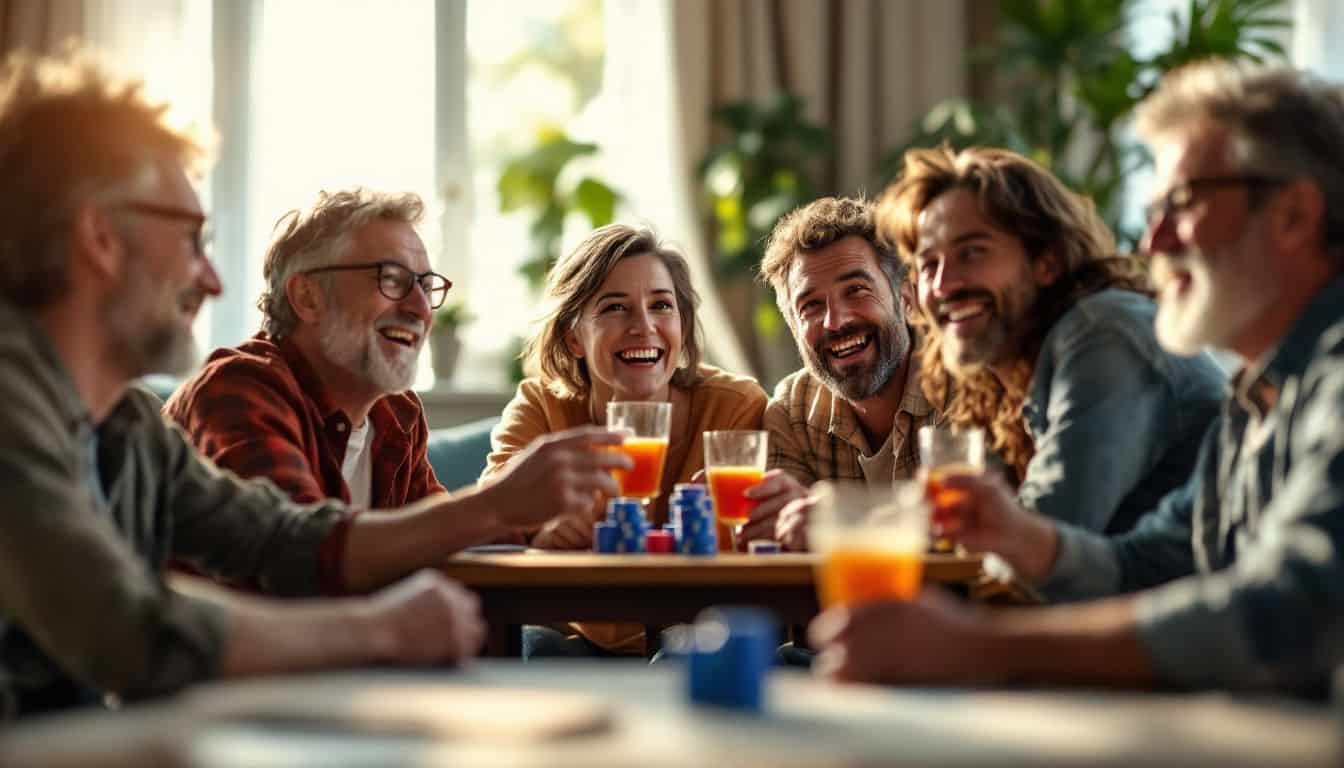 A group of middle-aged friends gathered for a casual poker night.