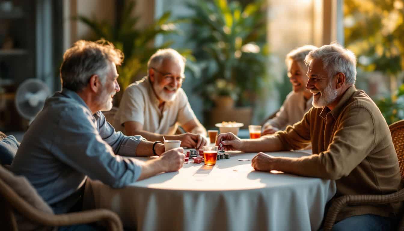 Four friends gathered around a dining table playing poker in a relaxed atmosphere.