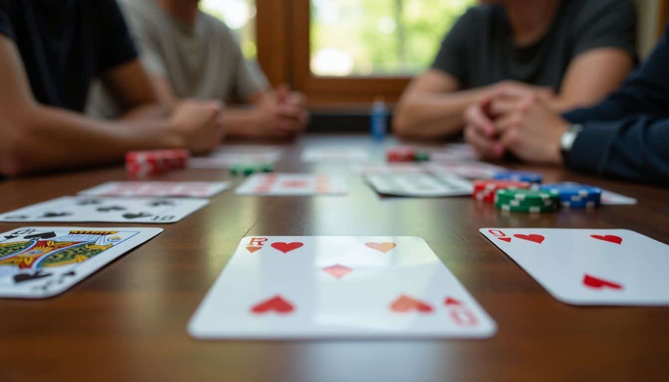 A poker night setup with cards, chips, and a wooden table.