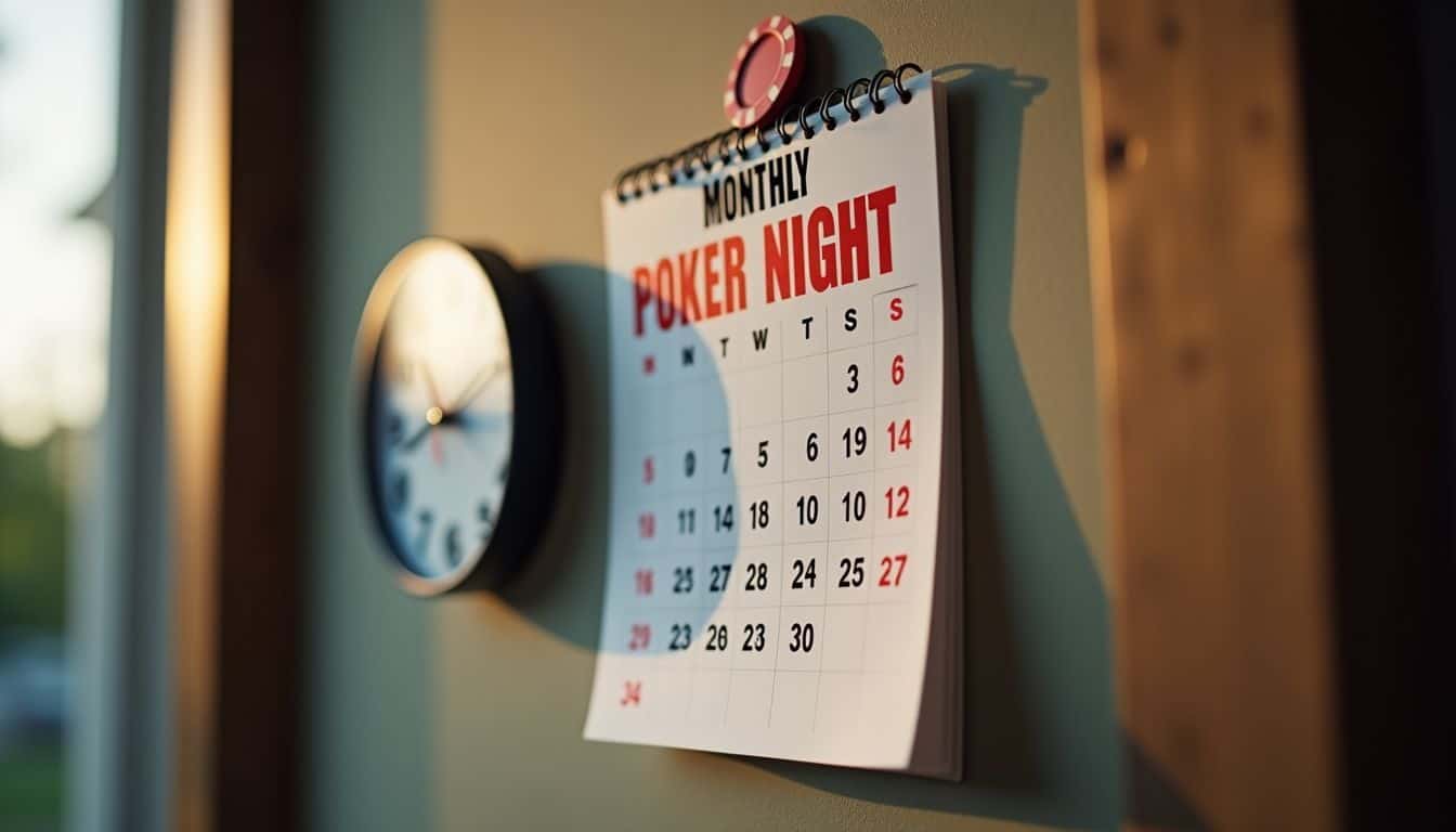 A calendar with a poker night marked and a clock at 7 PM.