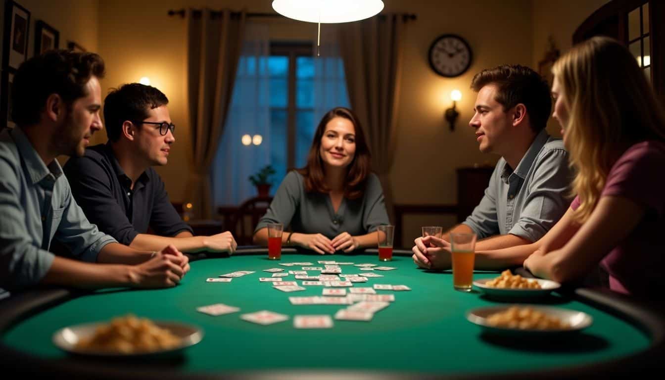 A casual poker game night with cards, drinks, and snacks.